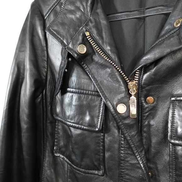 Longhi Black Leather Collared Cargo Utility Moto Biker Jacket Men's 46 Small - Picture 3 of 16